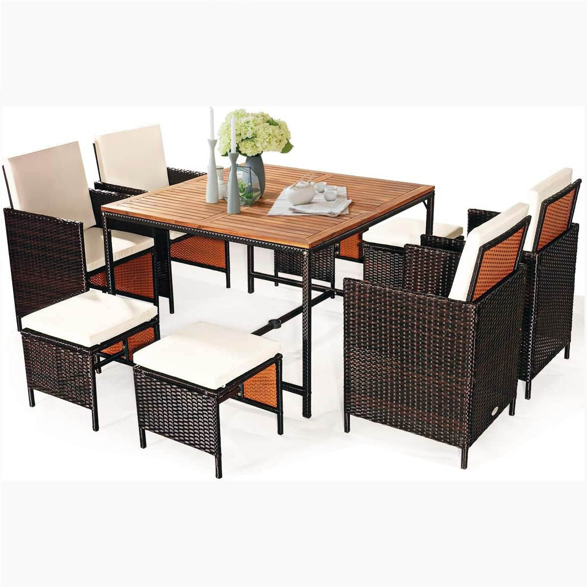 Set 9 Piezas Muebles de Comedor de Exterior Juego Conversación Sillas de Mimbre y Otomanas con Cojines para Jardín Patio Piscina Blanco
