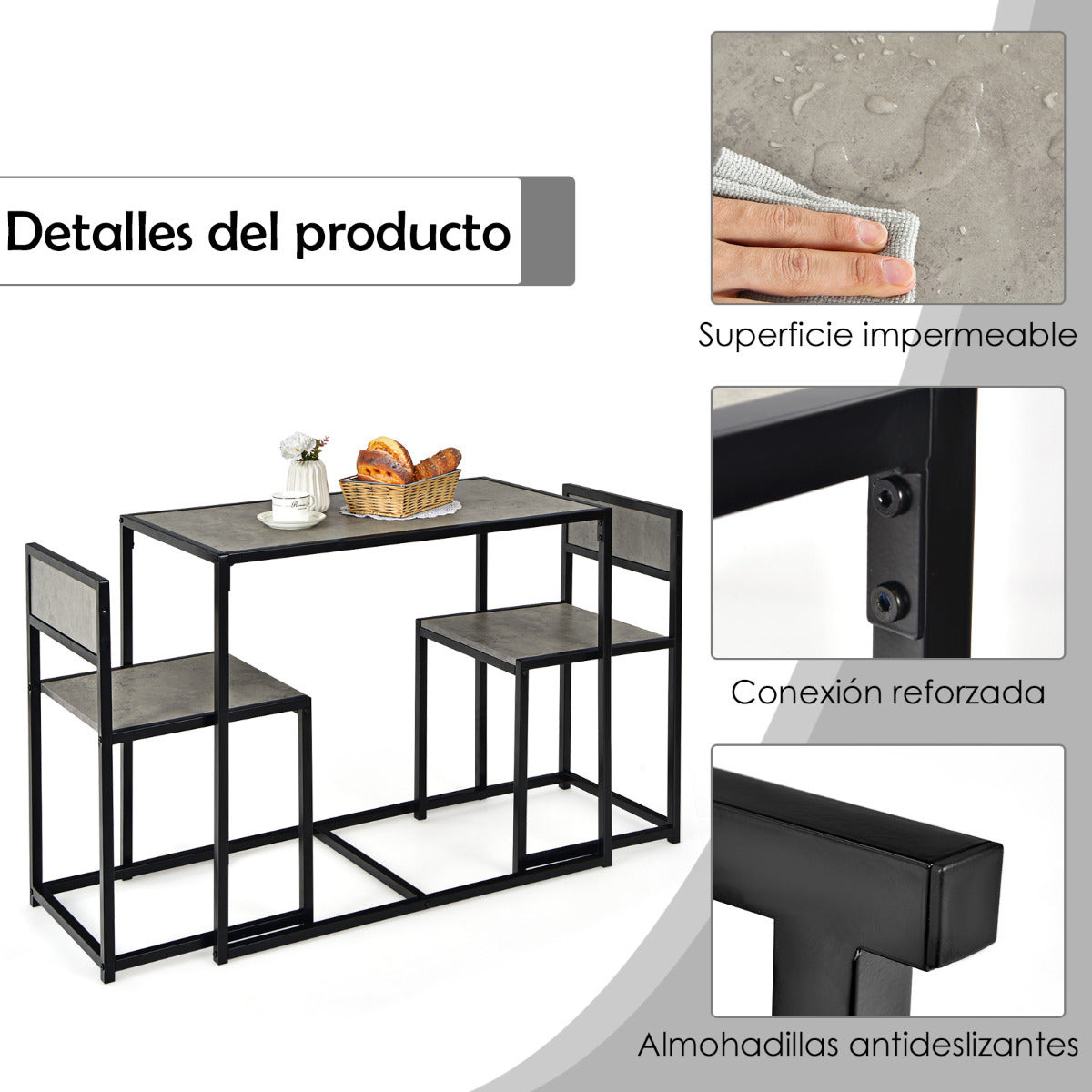 Set con Mesa Compacta y 2 Sillas con Estructura de Metal para Pequeños Espacios Cocina Comedor Bistró Gris