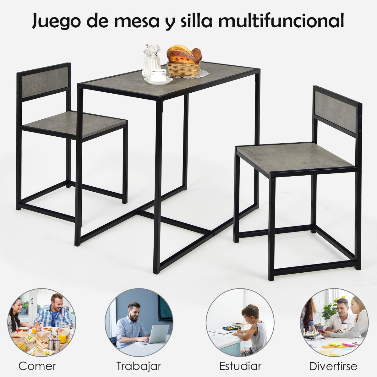 Set con Mesa Compacta y 2 Sillas con Estructura de Metal para Pequeños Espacios Cocina Comedor Bistró Gris