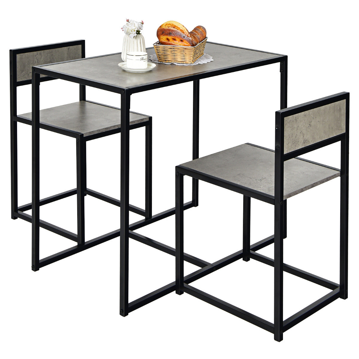Set con Mesa Compacta y 2 Sillas con Estructura de Metal para Pequeños Espacios Cocina Comedor Bistró Gris
