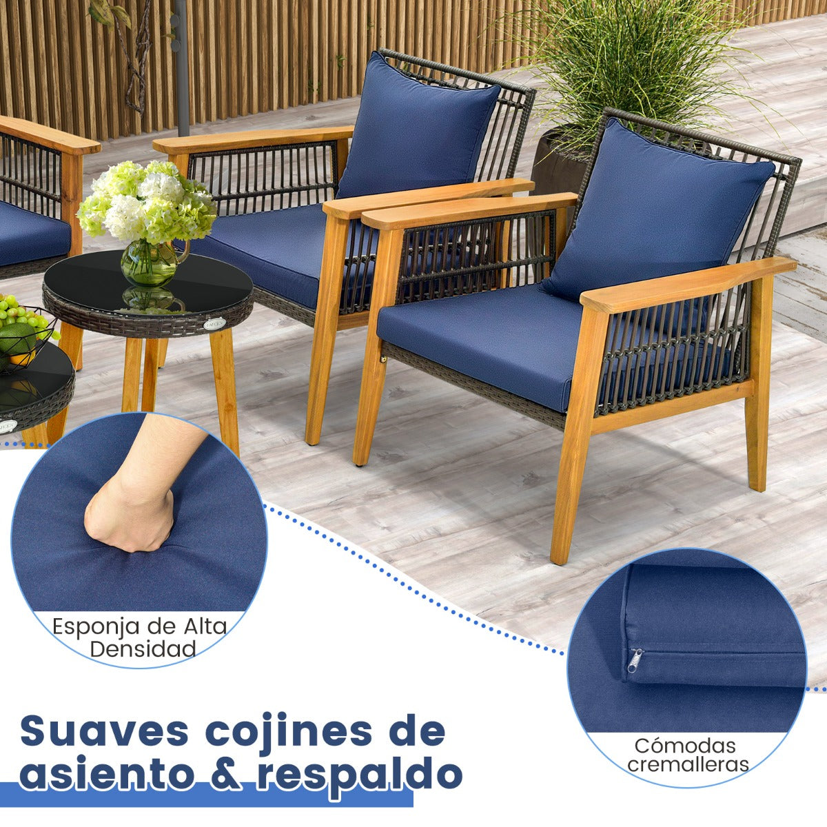 Juego de Muebles de 5 Piezas de Mimbre para Patio Trasero con 2 Mesas de Café Marco de Madera de Acacia y Cojines Acogedores Marrón