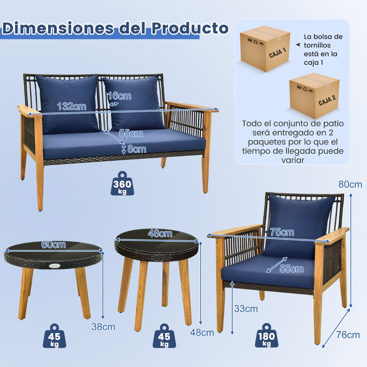 Juego de Muebles de 5 Piezas de Mimbre para Patio Trasero con 2 Mesas de Café Marco de Madera de Acacia y Cojines Acogedores Marrón