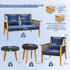 Juego de Muebles de 5 Piezas de Mimbre para Patio Trasero con 2 Mesas de Café Marco de Madera de Acacia y Cojines Acogedores Marrón