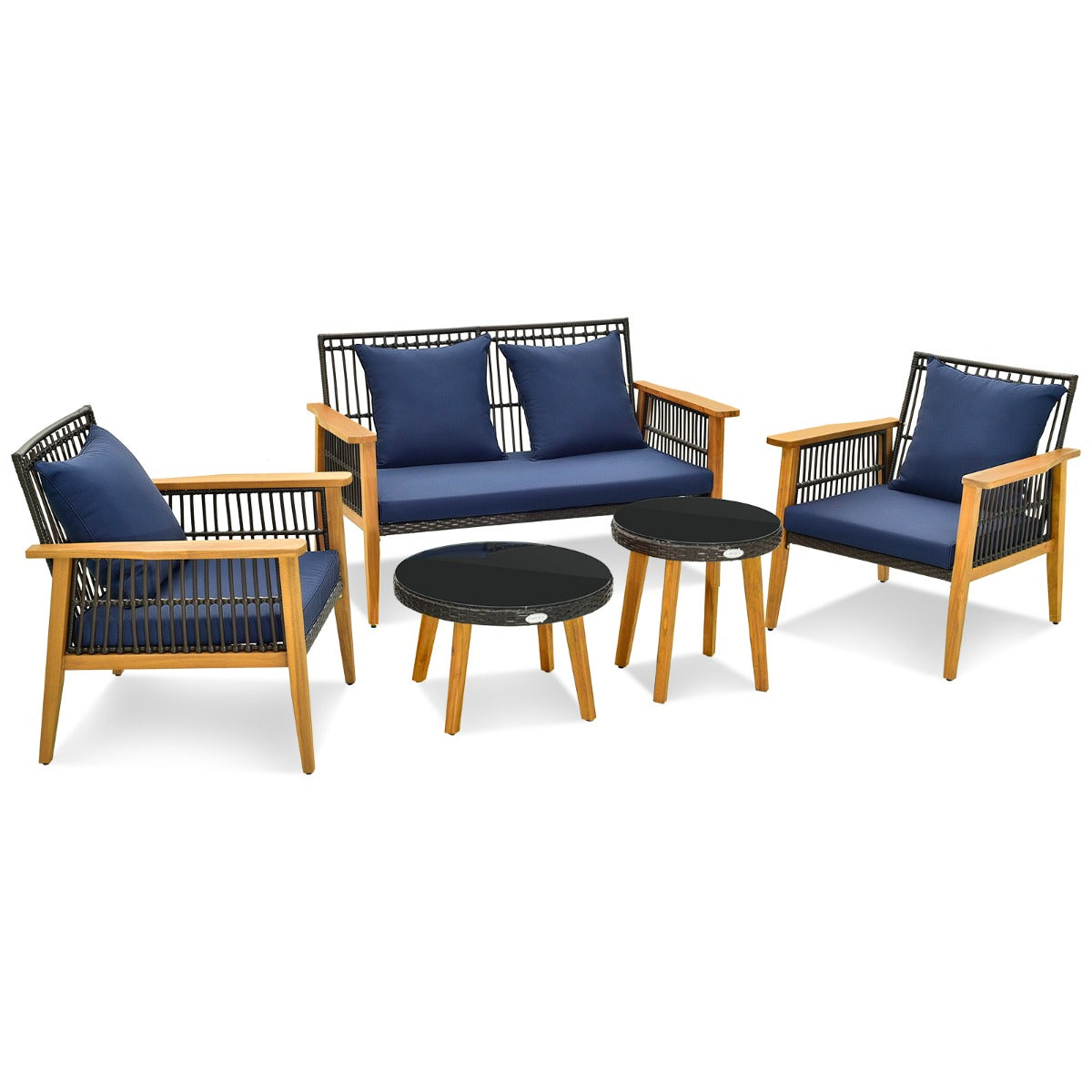 Juego de Muebles de 5 Piezas de Mimbre para Patio Trasero con 2 Mesas de Café Marco de Madera de Acacia y Cojines Acogedores Marrón