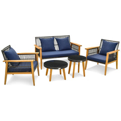 Juego de Muebles de 5 Piezas de Mimbre para Patio Trasero con 2 Mesas de Café Marco de Madera de Acacia y Cojines Acogedores Marrón