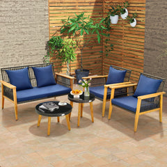 Juego de Muebles de 5 Piezas de Mimbre para Patio Trasero con 2 Mesas de Café Marco de Madera de Acacia y Cojines Acogedores Marrón