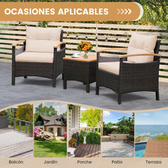 Conjunto de 3 Piezas de Muebles de Patio con Mesa de Café Cojín Desmontable Apoyabrazos de Madera de Acacia para Patio Piscina Beige