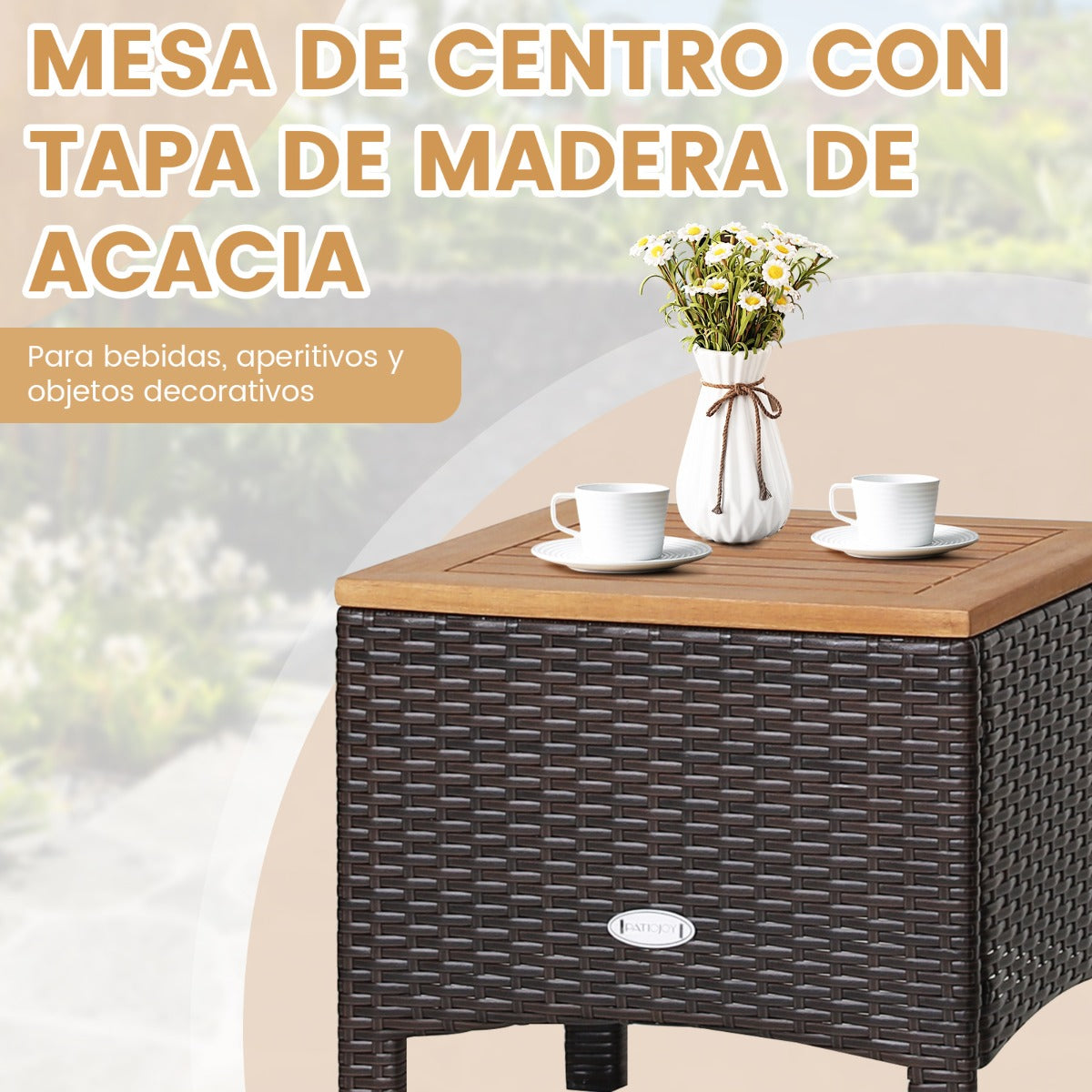 Conjunto de 3 Piezas de Muebles de Patio con Mesa de Café Cojín Desmontable Apoyabrazos de Madera de Acacia para Patio Piscina Beige