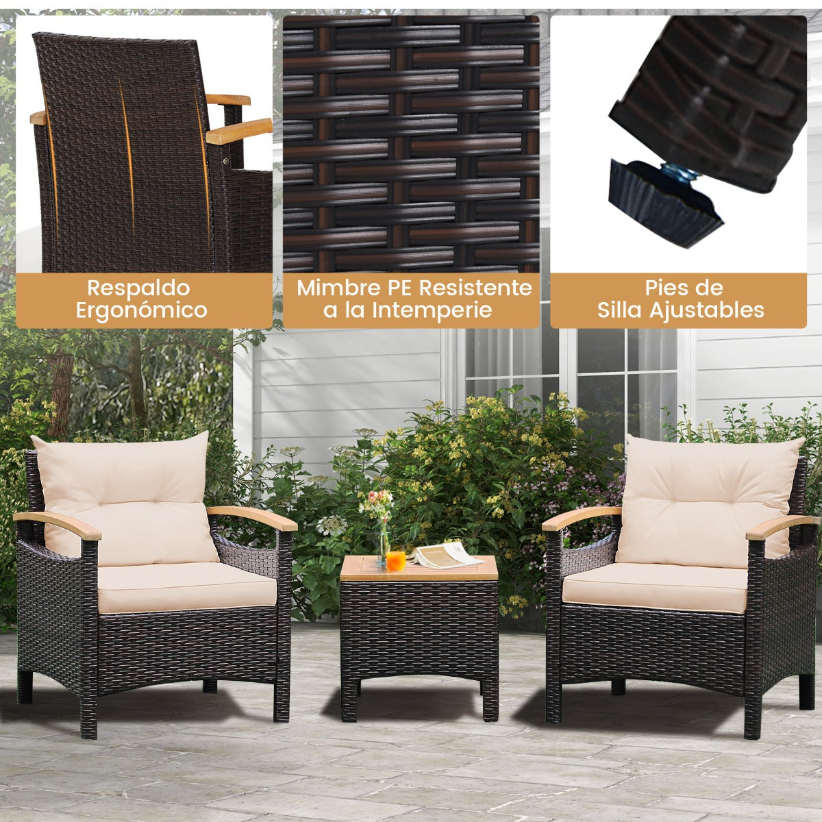 Conjunto de 3 Piezas de Muebles de Patio con Mesa de Café Cojín Desmontable Apoyabrazos de Madera de Acacia para Patio Piscina Beige