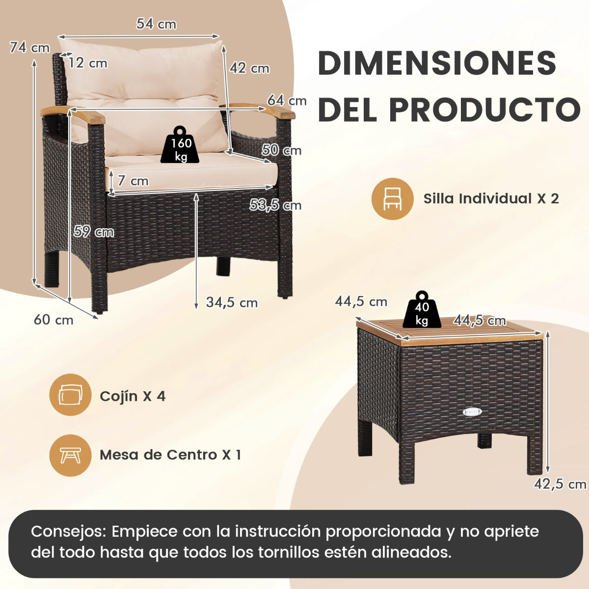 Conjunto de 3 Piezas de Muebles de Patio con Mesa de Café Cojín Desmontable Apoyabrazos de Madera de Acacia para Patio Piscina Beige