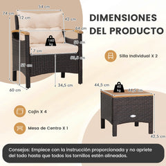 Conjunto de 3 Piezas de Muebles de Patio con Mesa de Café Cojín Desmontable Apoyabrazos de Madera de Acacia para Patio Piscina Beige