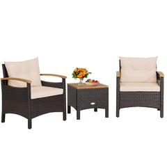 Conjunto de 3 Piezas de Muebles de Patio con Mesa de Café Cojín Desmontable Apoyabrazos de Madera de Acacia para Patio Piscina Beige