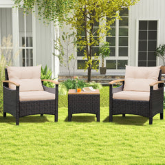 Conjunto de 3 Piezas de Muebles de Patio con Mesa de Café Cojín Desmontable Apoyabrazos de Madera de Acacia para Patio Piscina Beige