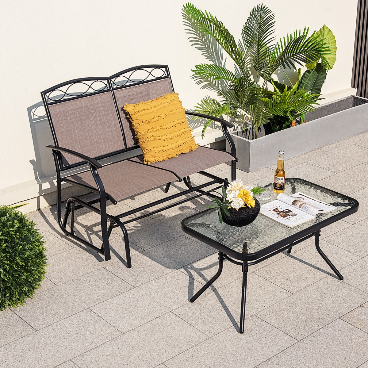 Muebles Jardín Exterior Banco Balancín de 2 Plazas y Mesa de Centro de Vidrio Templado Tela Texteline Mecedora 104 x 72 x 94 cm Marrón