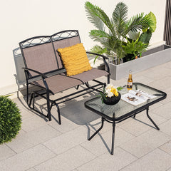 Muebles Jardín Exterior Banco Balancín de 2 Plazas y Mesa de Centro de Vidrio Templado Tela Texteline Mecedora 104 x 72 x 94 cm Marrón