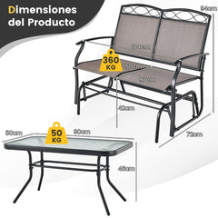 Muebles Jardín Exterior Banco Balancín de 2 Plazas y Mesa de Centro de Vidrio Templado Tela Texteline Mecedora 104 x 72 x 94 cm Marrón