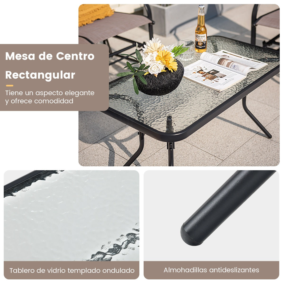 Muebles Jardín Exterior Banco Balancín de 2 Plazas y Mesa de Centro de Vidrio Templado Tela Texteline Mecedora 104 x 72 x 94 cm Marrón