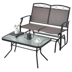 Muebles Jardín Exterior Banco Balancín de 2 Plazas y Mesa de Centro de Vidrio Templado Tela Texteline Mecedora 104 x 72 x 94 cm Marrón