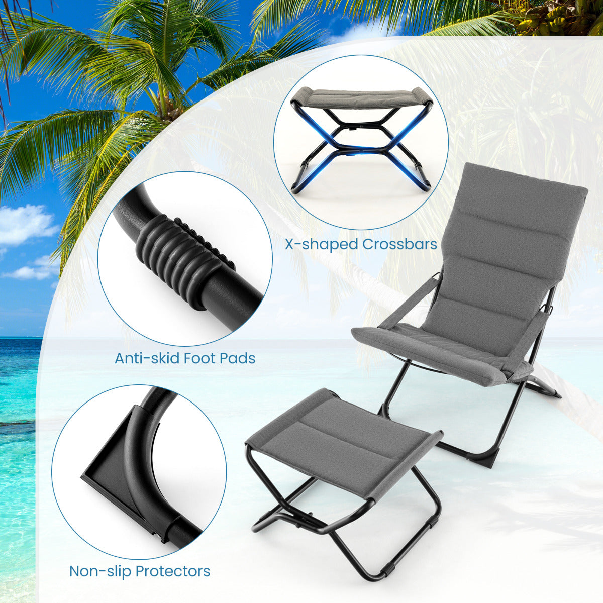 Silla Plegable para Patio con Otomana Sillón Portátil para Exteriores con Reposapiés y Cojín Extraíble Silla de Playa Reclinable Gris