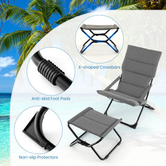 Silla Plegable para Patio con Otomana Sillón Portátil para Exteriores con Reposapiés y Cojín Extraíble Silla de Playa Reclinable Gris