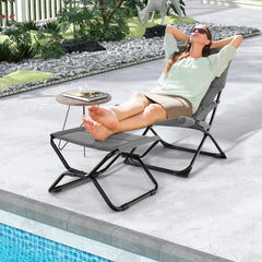 Silla Plegable para Patio con Otomana Sillón Portátil para Exteriores con Reposapiés y Cojín Extraíble Silla de Playa Reclinable Gris