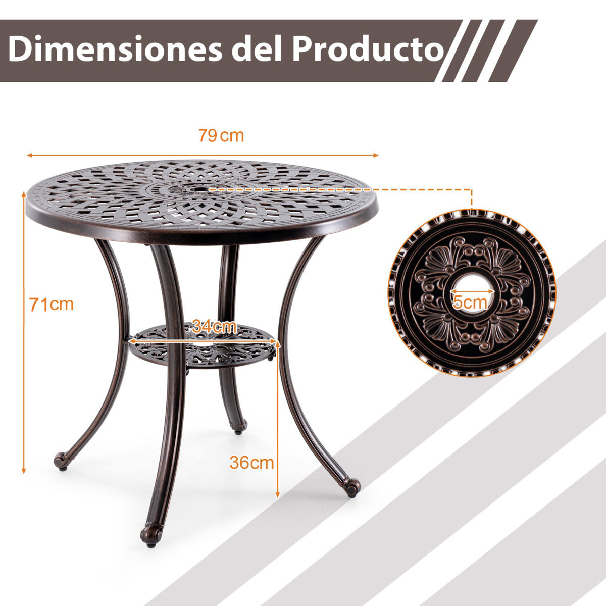 Mesa de Aluminio Fundido Mesa Redonda de 79 cm de Diámetro con Orificio para Sombrilla Estante Inferior para Patio Porche Jardín Bronce