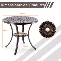 Mesa de Aluminio Fundido Mesa Redonda de 79 cm de Diámetro con Orificio para Sombrilla Estante Inferior para Patio Porche Jardín Bronce