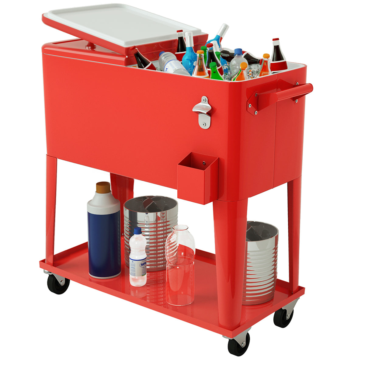 Carrito Nevera 76 L para Bebidas y Hielo Carro Portátil con Ruedas y Abrebotellas 72 h para Exterior Patio Fiestas Rojo 91 x 48 x 87 cm