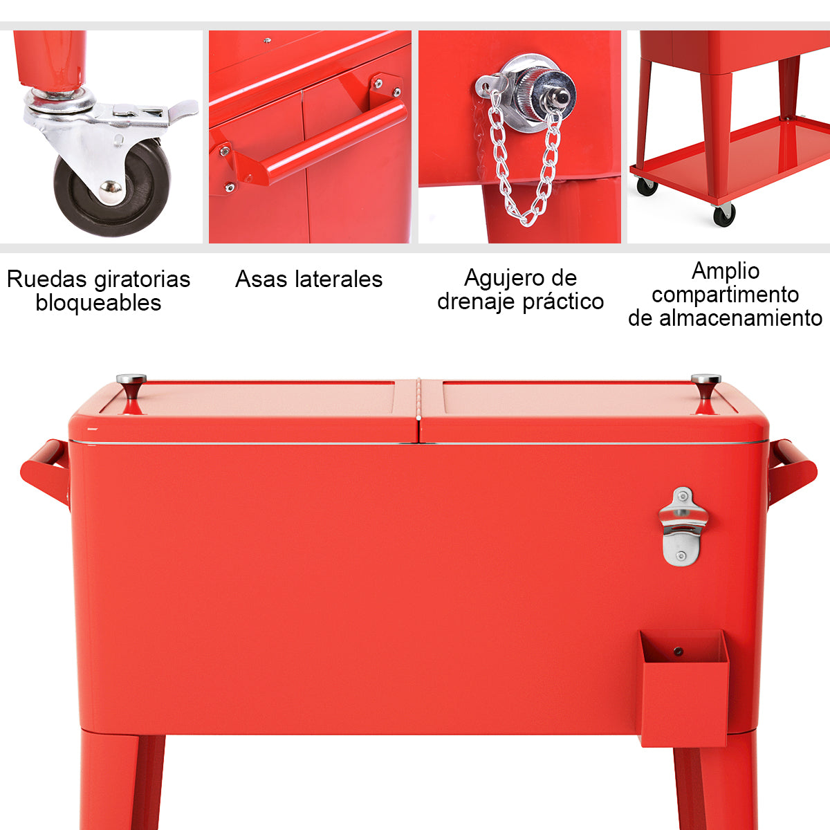 Carrito Nevera 76 L para Bebidas y Hielo Carro Portátil con Ruedas y Abrebotellas 72 h para Exterior Patio Fiestas Rojo 91 x 48 x 87 cm