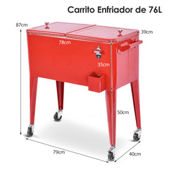 Carrito Enfriador Portátil sin Bandeja para Exteriores de 76 L Cofre para Bebidas con Ruedas Abridor de Botellas 79 x 40 x 87 cm Rojo