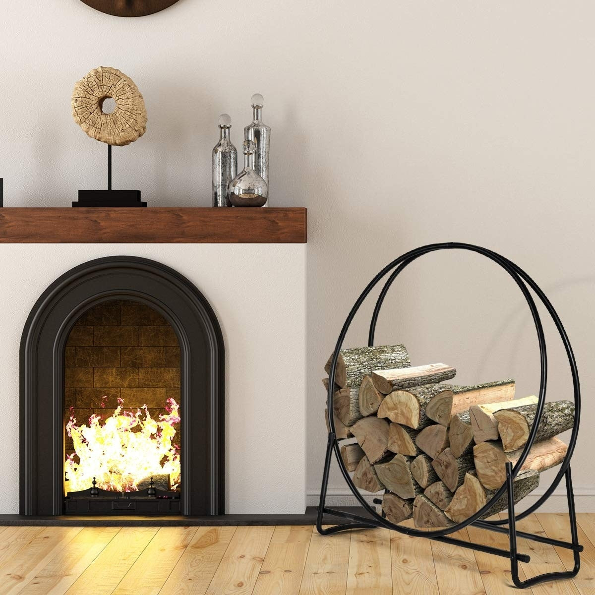 Soporte Leña Almacenamiento Registro Madera Guardar Metal de Negro Redondo Resistente a la Humedad 102 x 95 x 33 cm