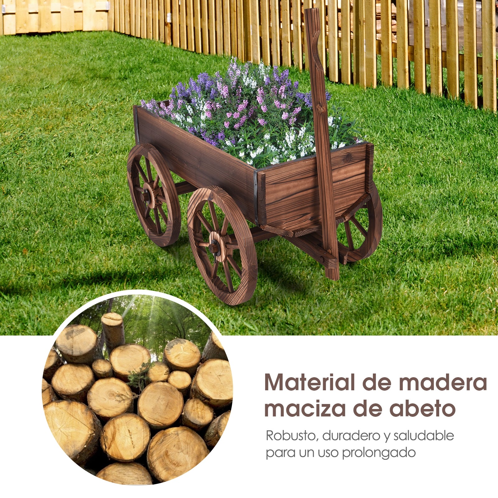 Carretilla Jardín de Madera de Flores Maceta con Ruedas Soporte de Planta de Exterior Decorativa para Patio Marrón 120 x 43 x 53,5 cm