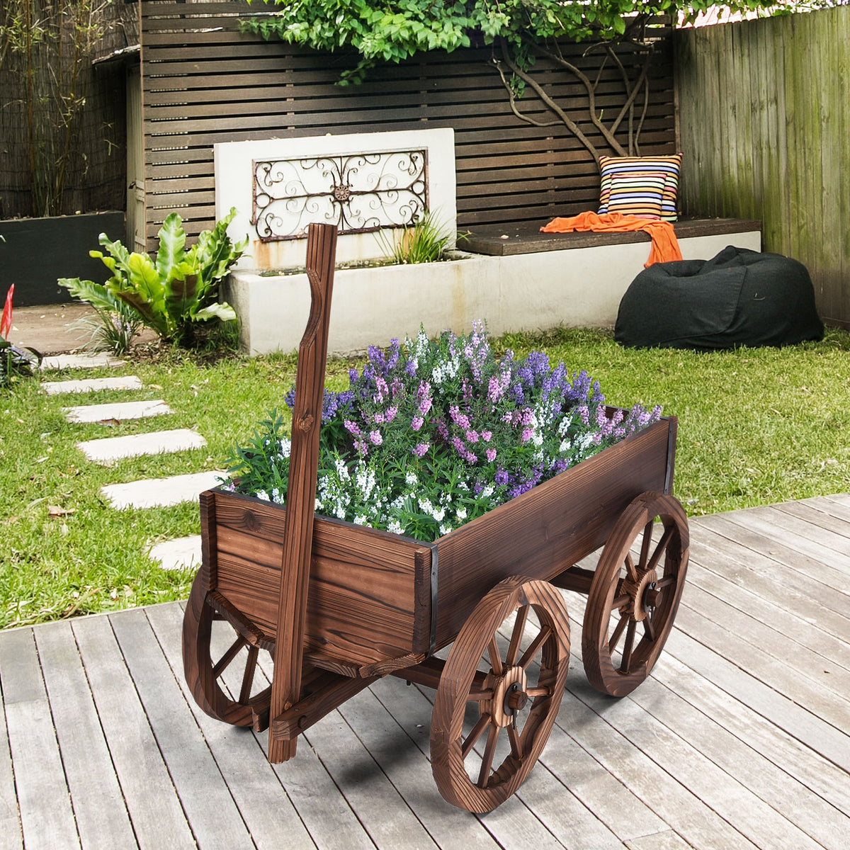 Carretilla Jardín de Madera de Flores Maceta con Ruedas Soporte de Planta de Exterior Decorativa para Patio Marrón 120 x 43 x 53,5 cm
