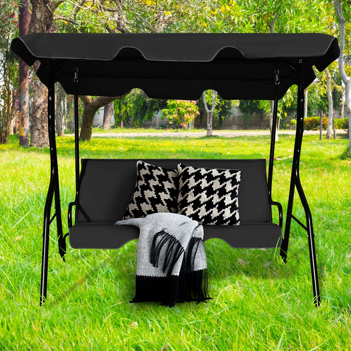 Columpio Oscilación del jardín Tumbona Patio 3 Plazas con Sombrillas 172 x 154 x 110 cm Negro