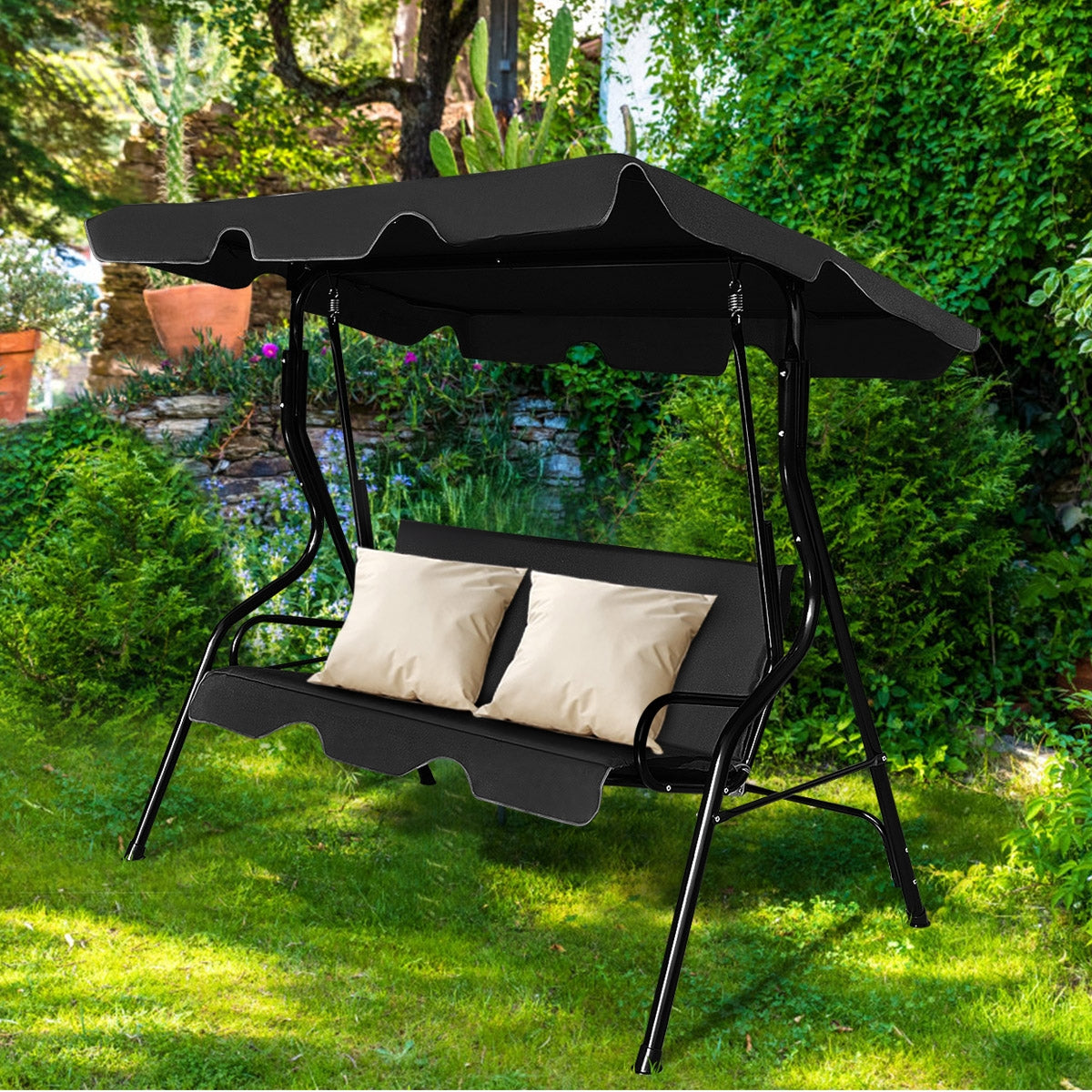 Columpio Oscilación del jardín Tumbona Patio 3 Plazas con Sombrillas 172 x 154 x 110 cm Negro