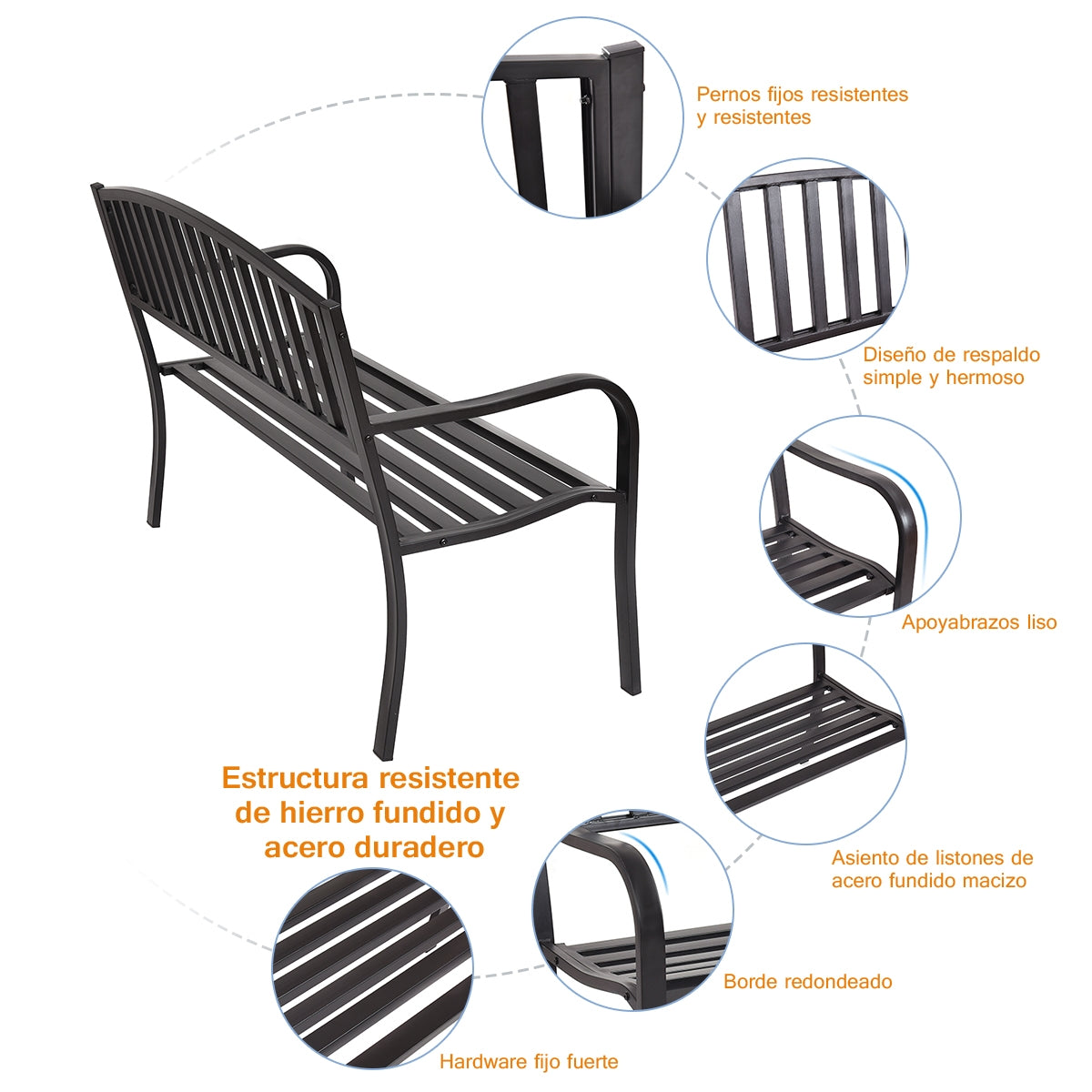 Banco en Acero de Jardín con Diseño de Listones y Estructura Robusta en Acero Negro 127 x 60 x 87 cm