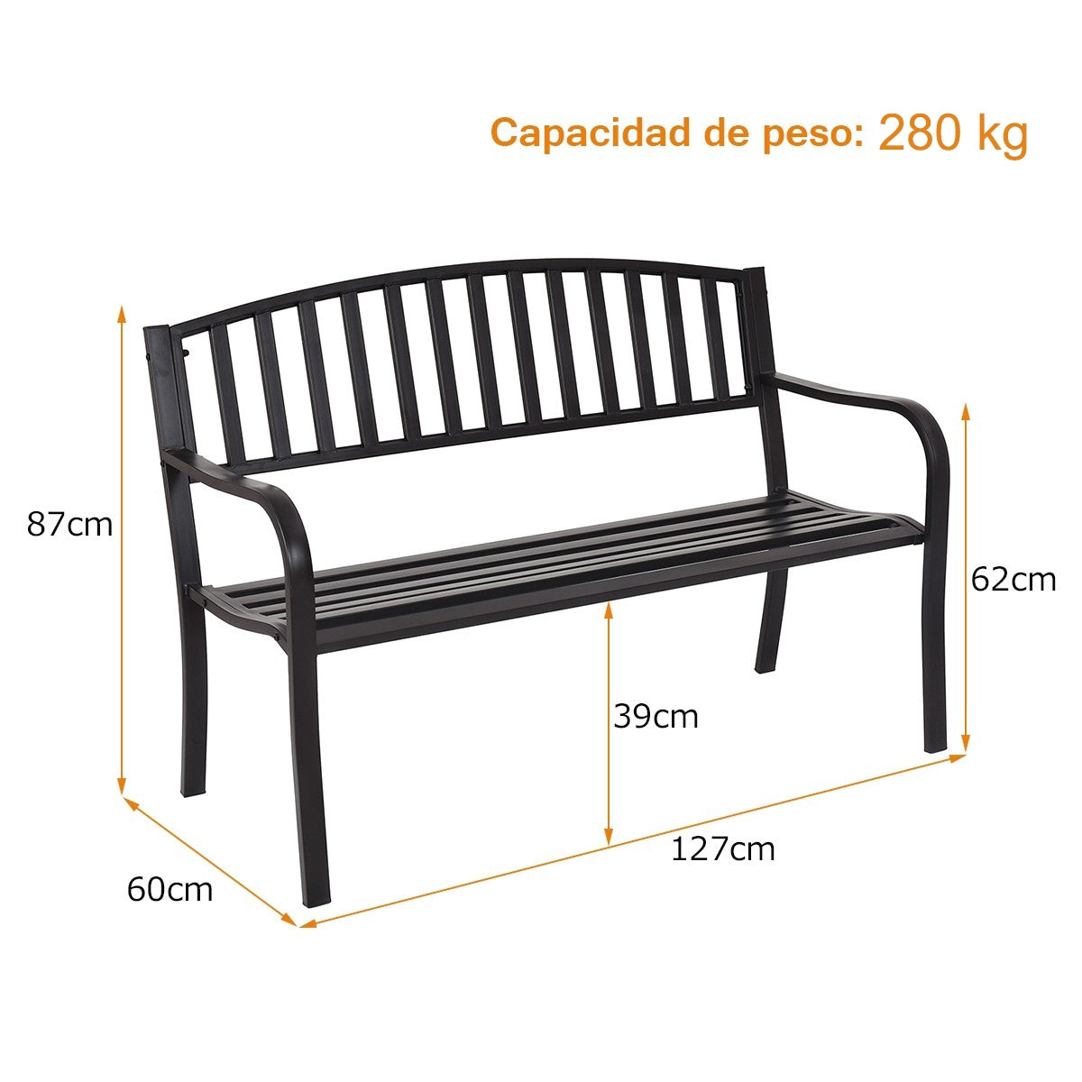 Banco en Acero de Jardín con Diseño de Listones y Estructura Robusta en Acero Negro 127 x 60 x 87 cm