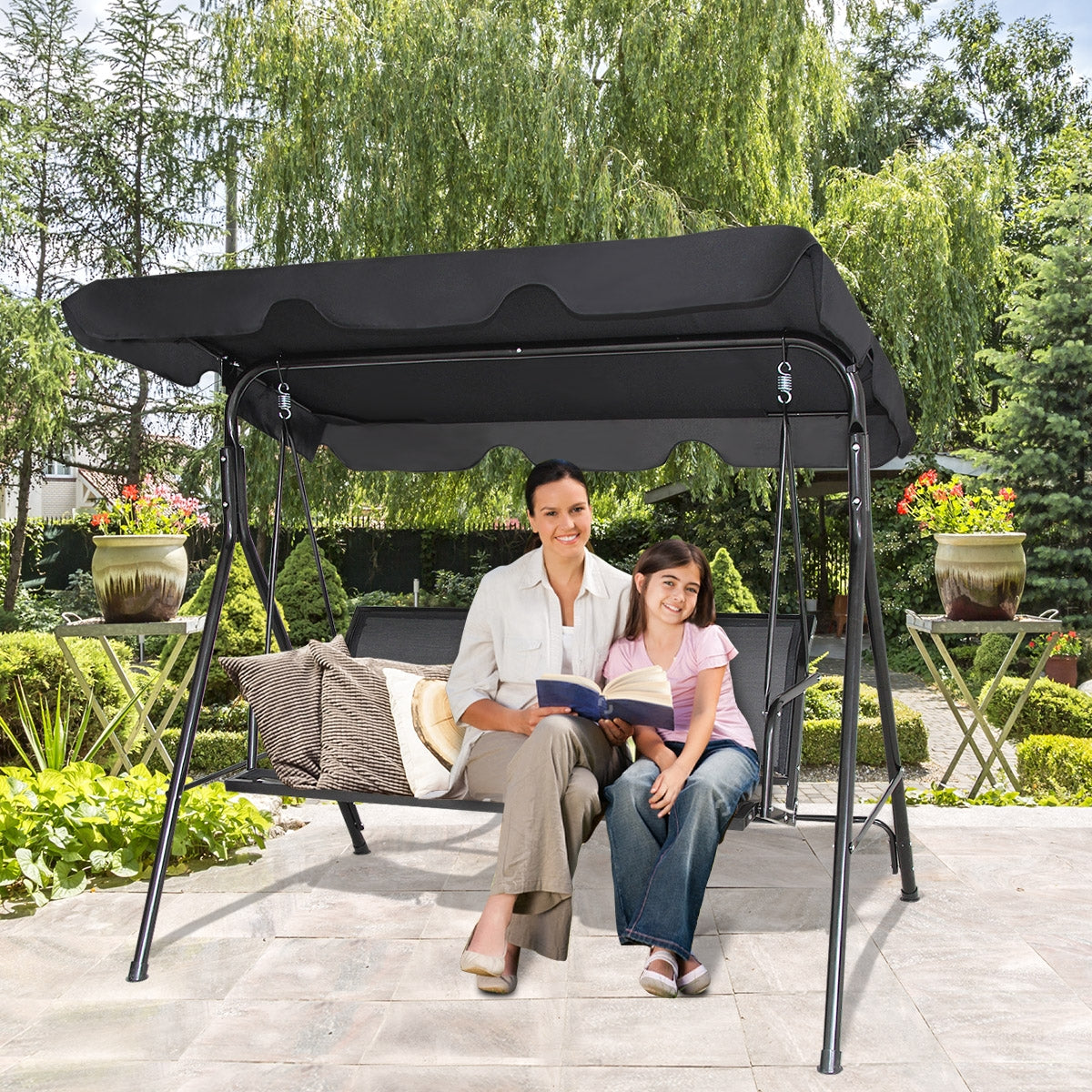 Balancín de Jardín de 3 Plazas con Techo Columpio de Metal para Terrza Balcón Patio Exterior Negro