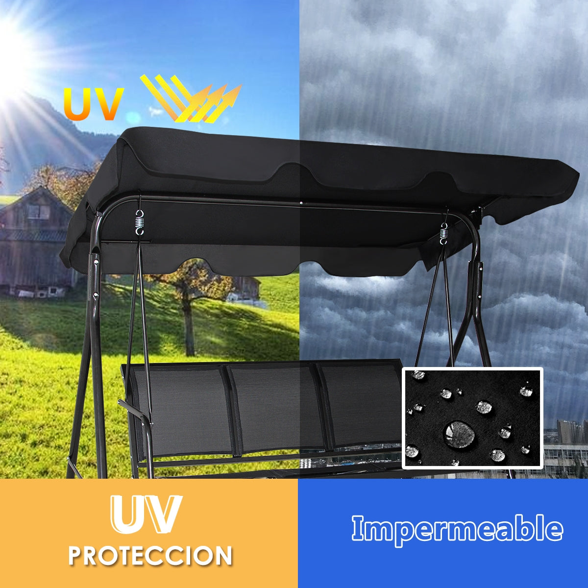 Balancín de Jardín de 3 Plazas con Techo Columpio de Metal para Terrza Balcón Patio Exterior Negro