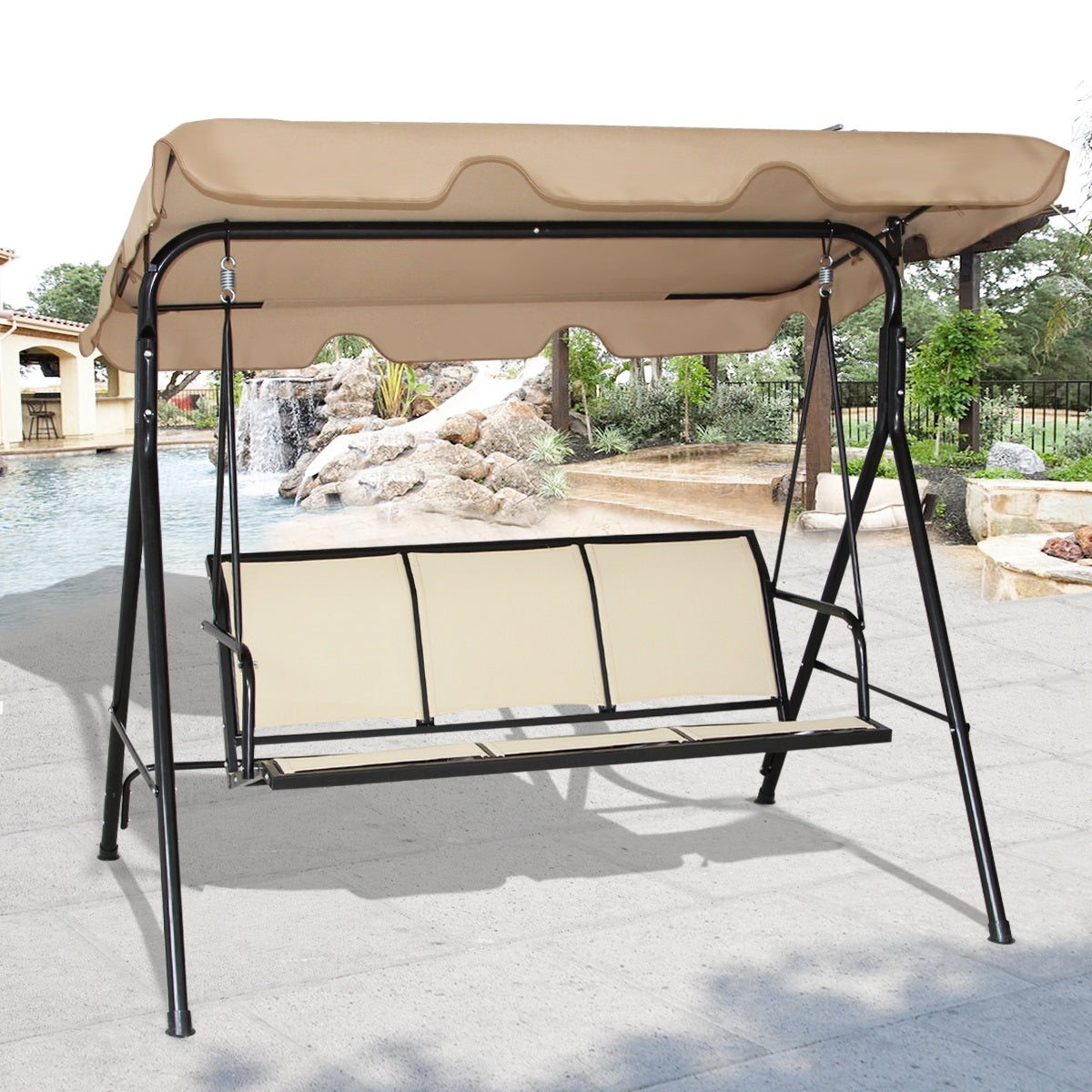 Balancín de Jardín de 3 Plazas con Techo Columpio de Metal para Terrza Balcón Patio Exterior Marrón Claro