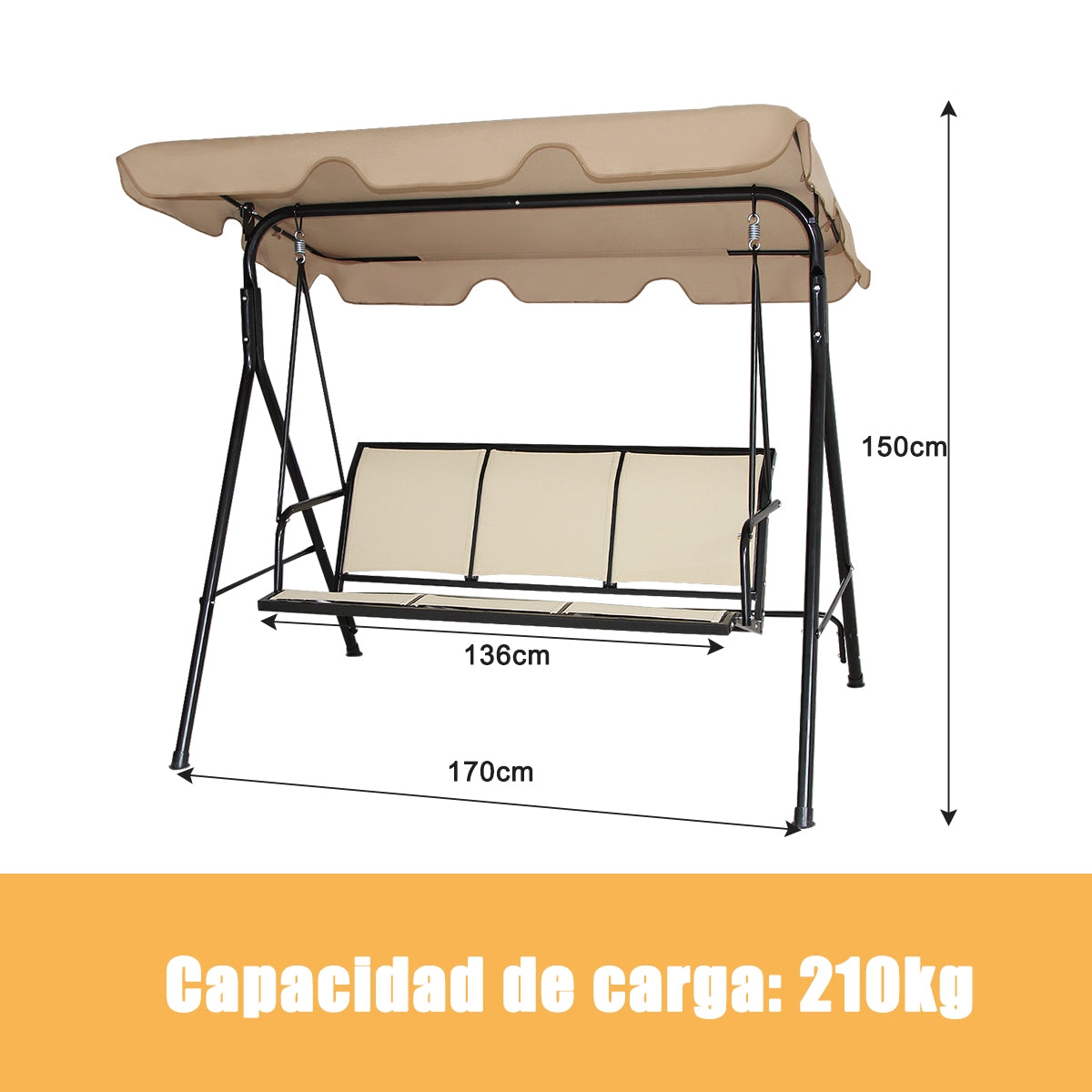 Balancín de Jardín de 3 Plazas con Techo Columpio de Metal para Terrza Balcón Patio Exterior Marrón Claro