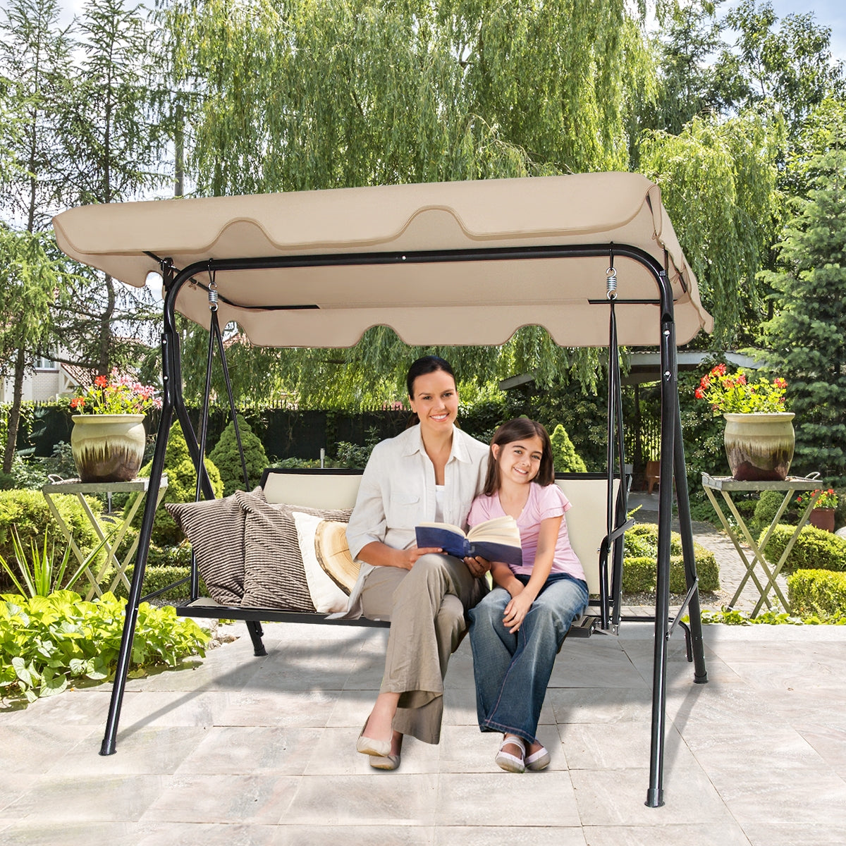 Balancín de Jardín de 3 Plazas con Techo Columpio de Metal para Terrza Balcón Patio Exterior Marrón Claro