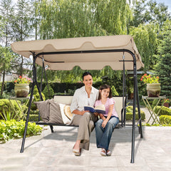 Balancín de Jardín de 3 Plazas con Techo Columpio de Metal para Terrza Balcón Patio Exterior Marrón Claro