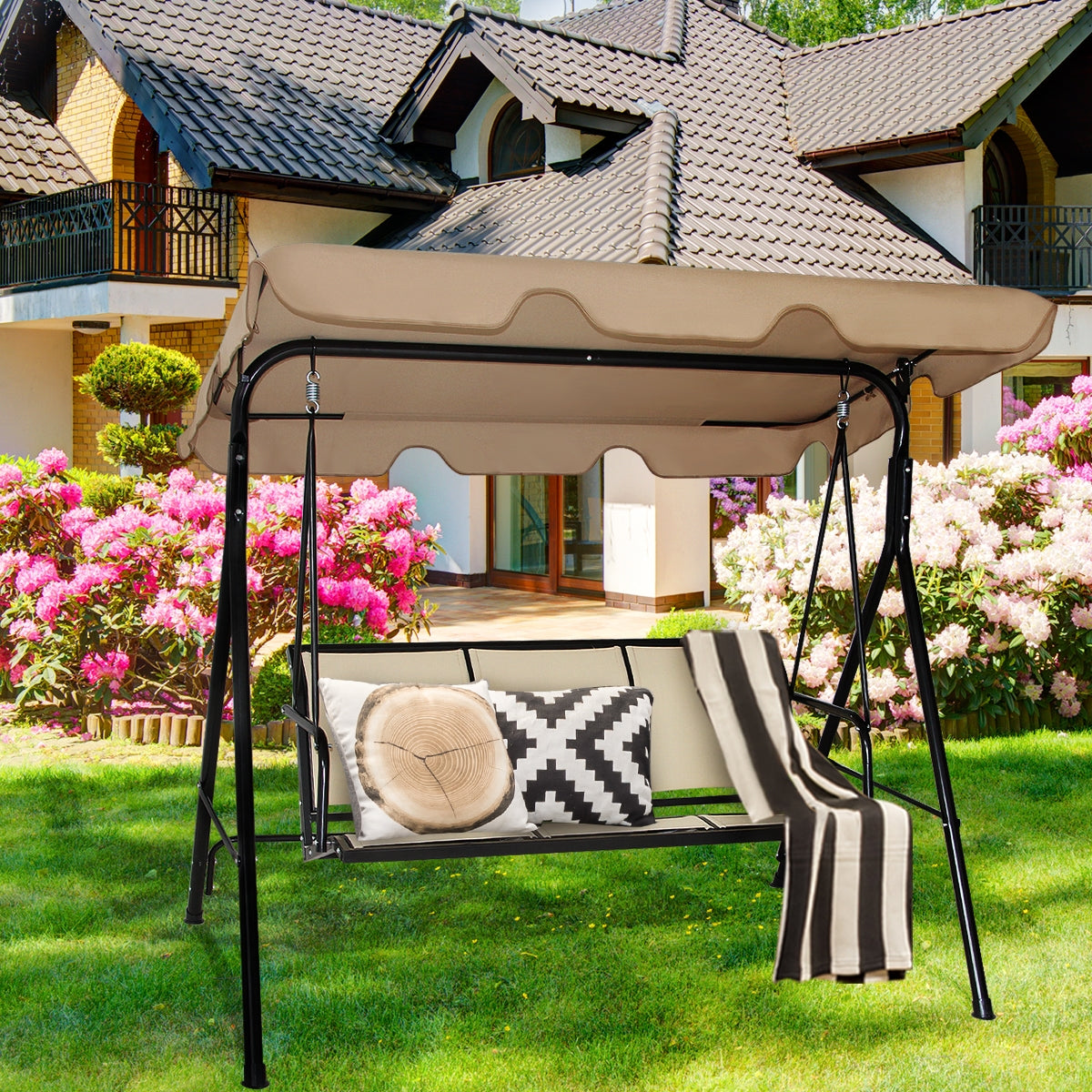 Balancín de Jardín de 3 Plazas con Techo Columpio de Metal para Terrza Balcón Patio Exterior Marrón Claro