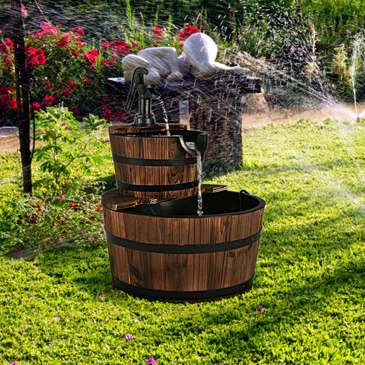 Fuente Rústica con 2 Niveles para Decoración Jardín y Patio 44,5 x 44,5 x 61 cm