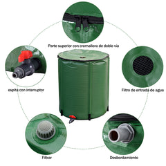 Cisterna Plegable en PVC Resistente a la Intemperie con Grifo Válvula de Drenaje Filtro y Revestimiento en Red para Jardín 200 L Verde