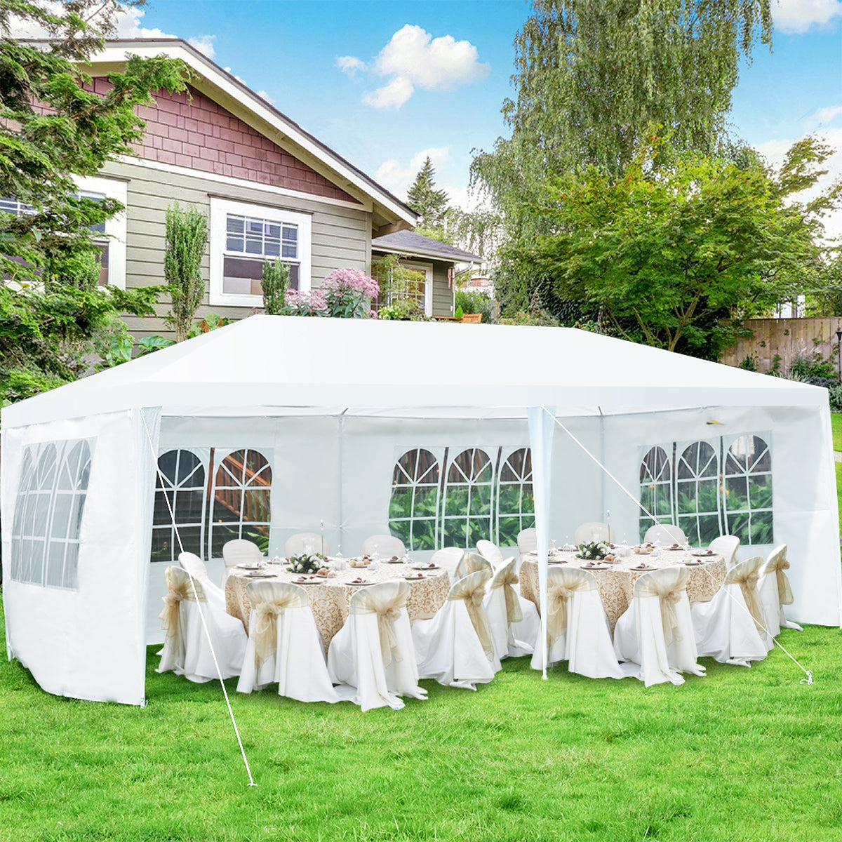 Toldo Glorieta para Barbacoa con 4 Cortinas Laterales Removibles y 2 Puertas con Cremallera Blanco 6 x 3 x 2,5 m