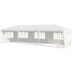 Toldo Impermeable 3 x 9 m con 5 Paneles Laterales Removibles Glorieta con Palos Resistentes para Casamientos Eventos Playa y Barbacoas Blanco