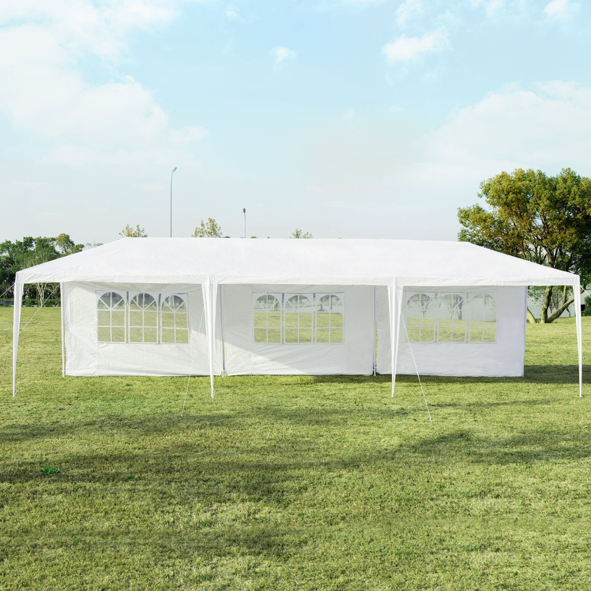 Toldo Impermeable 3 x 9 m con 5 Paneles Laterales Removibles Glorieta con Palos Resistentes para Casamientos Eventos Playa y Barbacoas Blanco