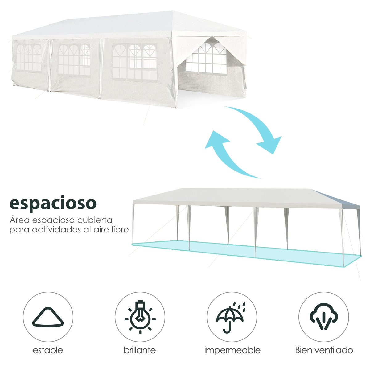 Toldo Impermeable 3 x 9 m con 6 Paneles Laterales Rmovibles y 2 Puertas Glorieta con Palos Resistentes para Casamientos Playa Barbacoas Blanco